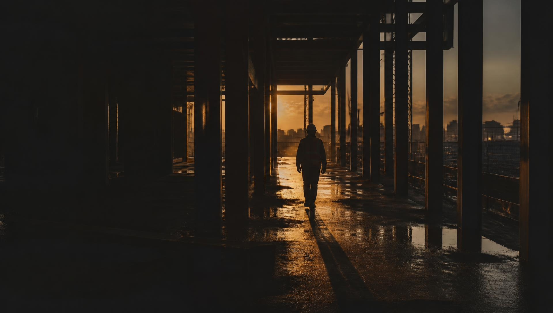 Silhouetted site worker walking through a steel structure at golden hour