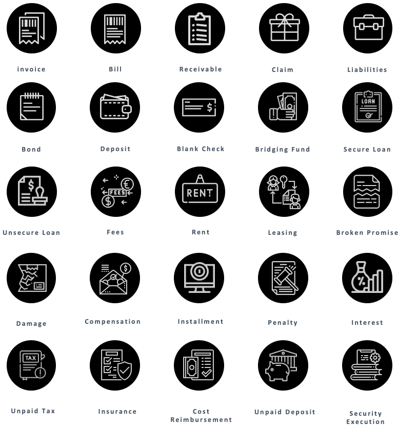 Illustrated icons of commercial debt types: invoices, bills, receivables, claims, liabilities, deposits, fees, rent, leasing, penalties, interest, unpaid tax and more