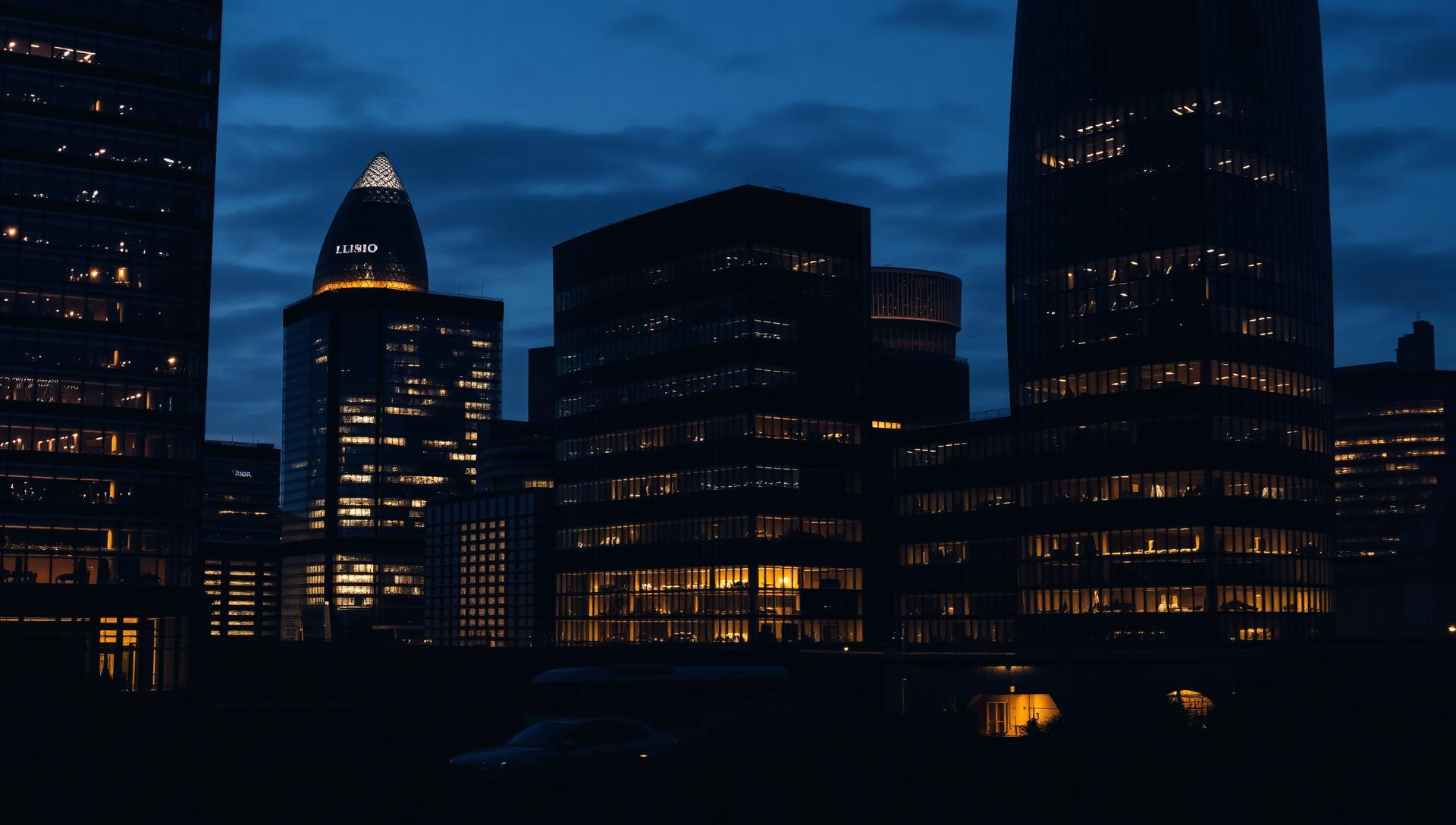 City of London financial district at dusk with lit office towers
