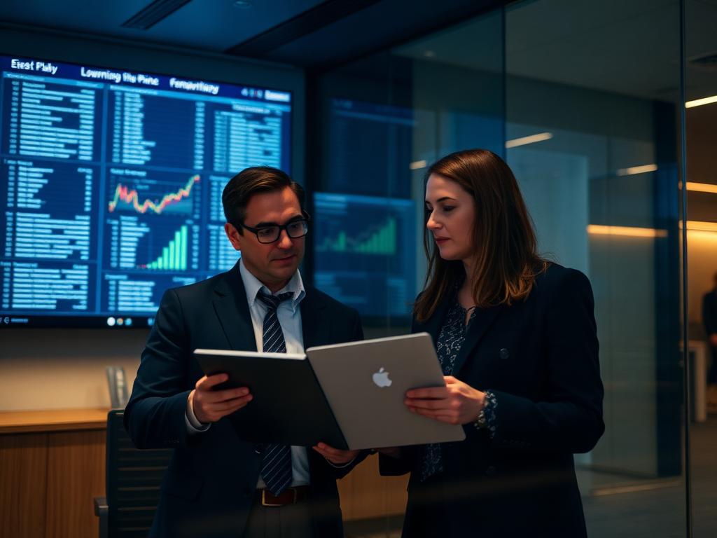 Two finance professionals reviewing lending data on screen in a bank office