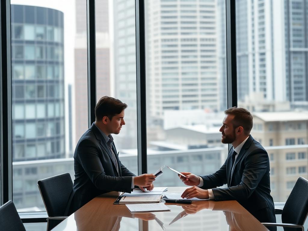 Two professionals reviewing documents in a glass-walled city office