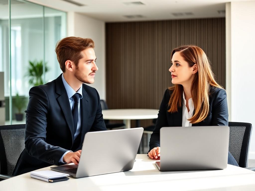 Two recruitment consultants talking across a desk in a modern office